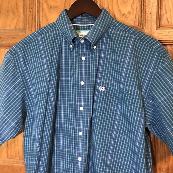 Panhandle Rough Stock Shirt Mens L Blue Plaid SS 100% Cotton Button Down Pocket - Picture 2 of 12